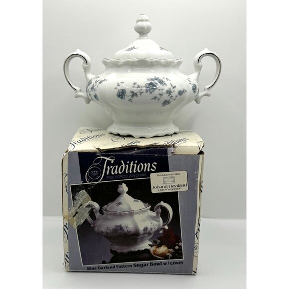 Johann Haviland Traditions Blue Garland Pattern Sugar Bowl With Lid Fine Porcela - Picture 3 of 12